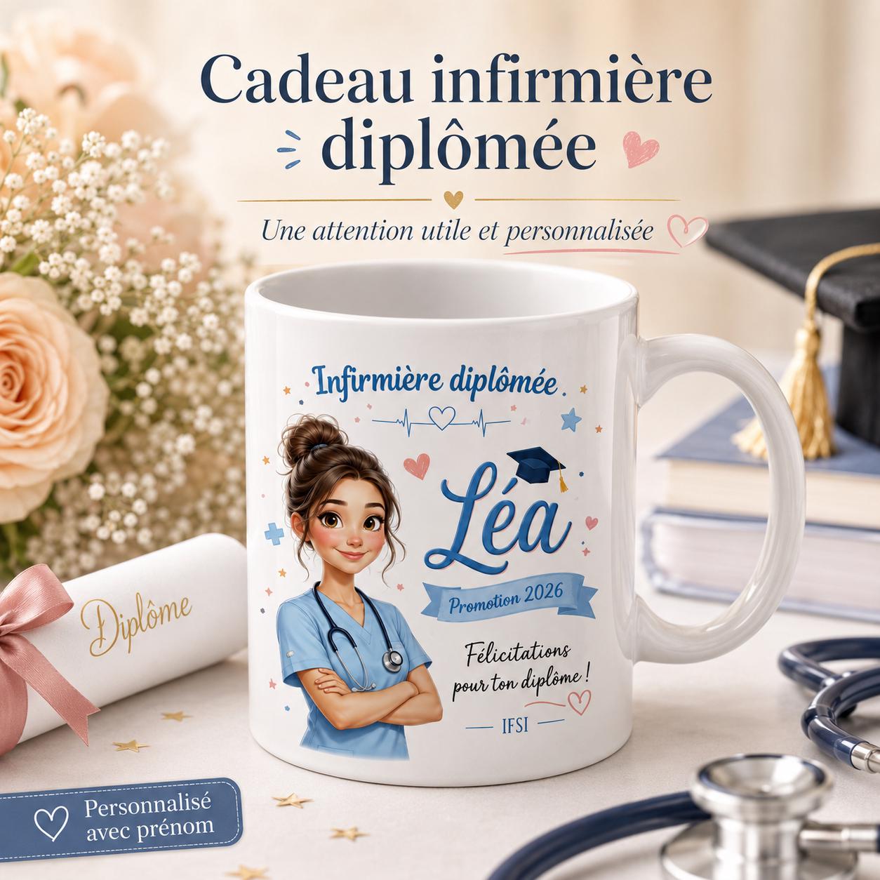 Mug infirmière diplômée personnalisé, cadeau réussite diplôme IFSI, tasse prénom nouvelle infirmière ou collègue