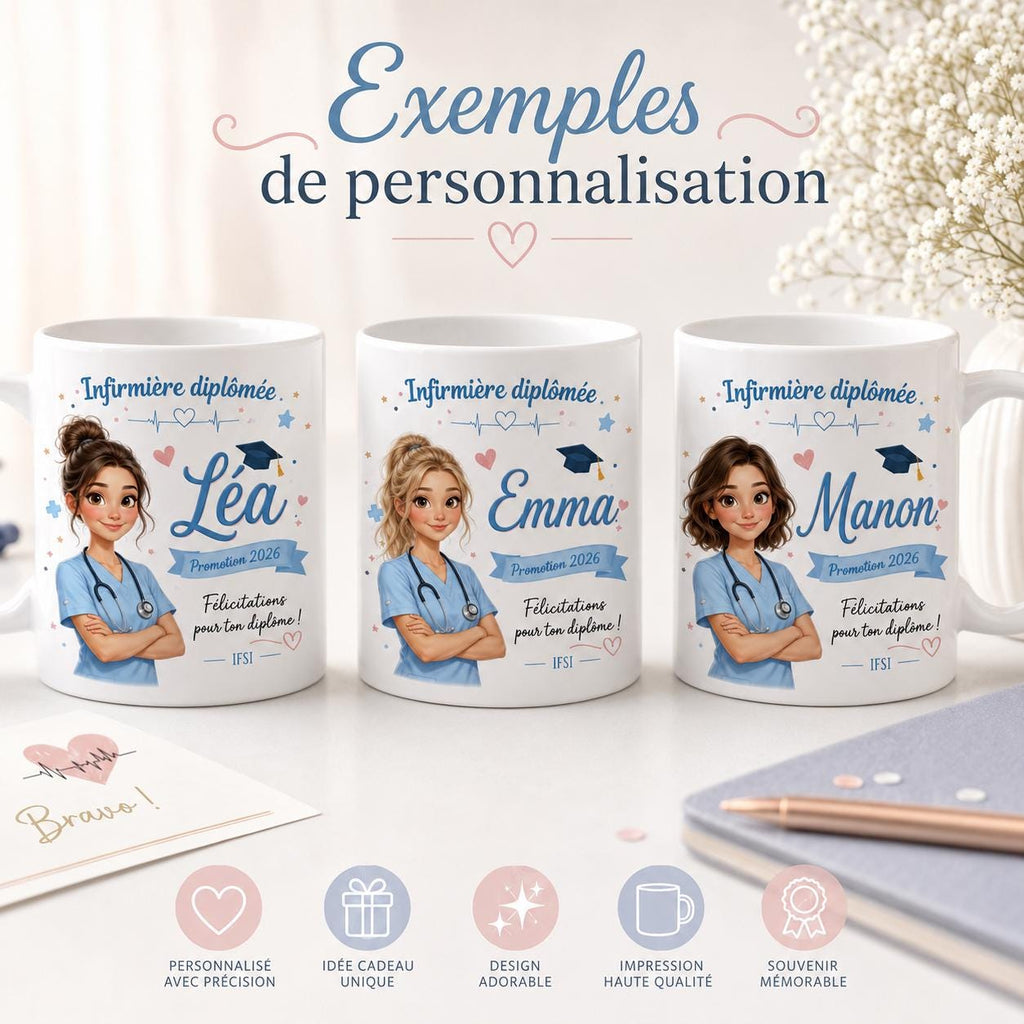 Mug infirmière diplômée personnalisé, cadeau réussite diplôme IFSI, tasse prénom nouvelle infirmière ou collègue