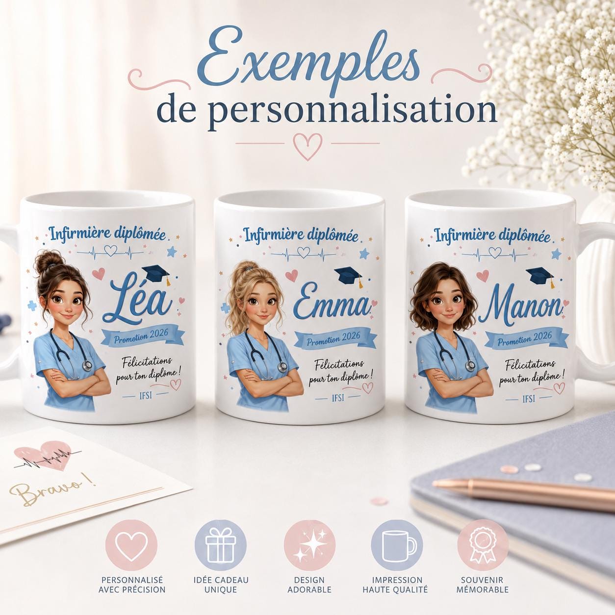 Mug infirmière diplômée personnalisé, cadeau réussite diplôme IFSI, tasse prénom nouvelle infirmière ou collègue
