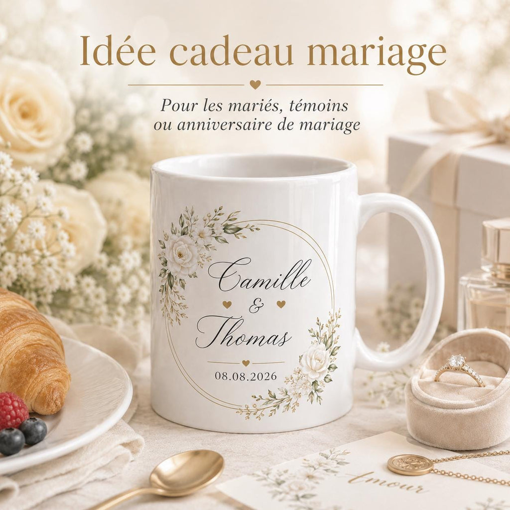 Mug personnalisé mariage avec deux prénoms et date, tasse couple en céramique, cadeau mariage, souvenir romantique