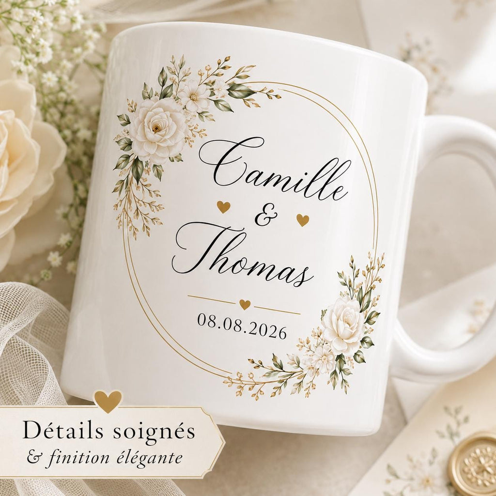 Mug personnalisé mariage avec deux prénoms et date, tasse couple en céramique, cadeau mariage, souvenir romantique