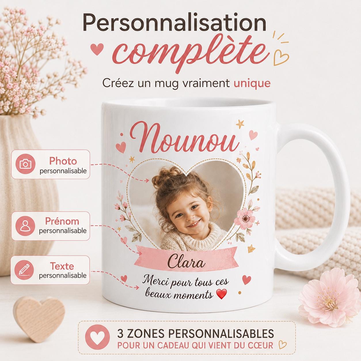 Mug nounou personnalisé avec photo et prénom – Tasse en céramique 325 ml