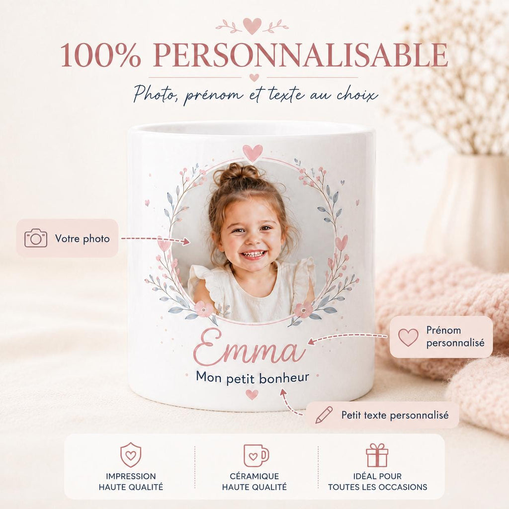 Mug personnalisé photo enfant, prénom et texte – Tasse cadeau famille, maman, papa, mamie ou papi