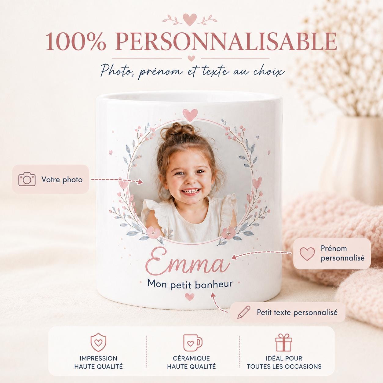 Mug personnalisé photo enfant, prénom et texte – Tasse cadeau famille, maman, papa, mamie ou papi