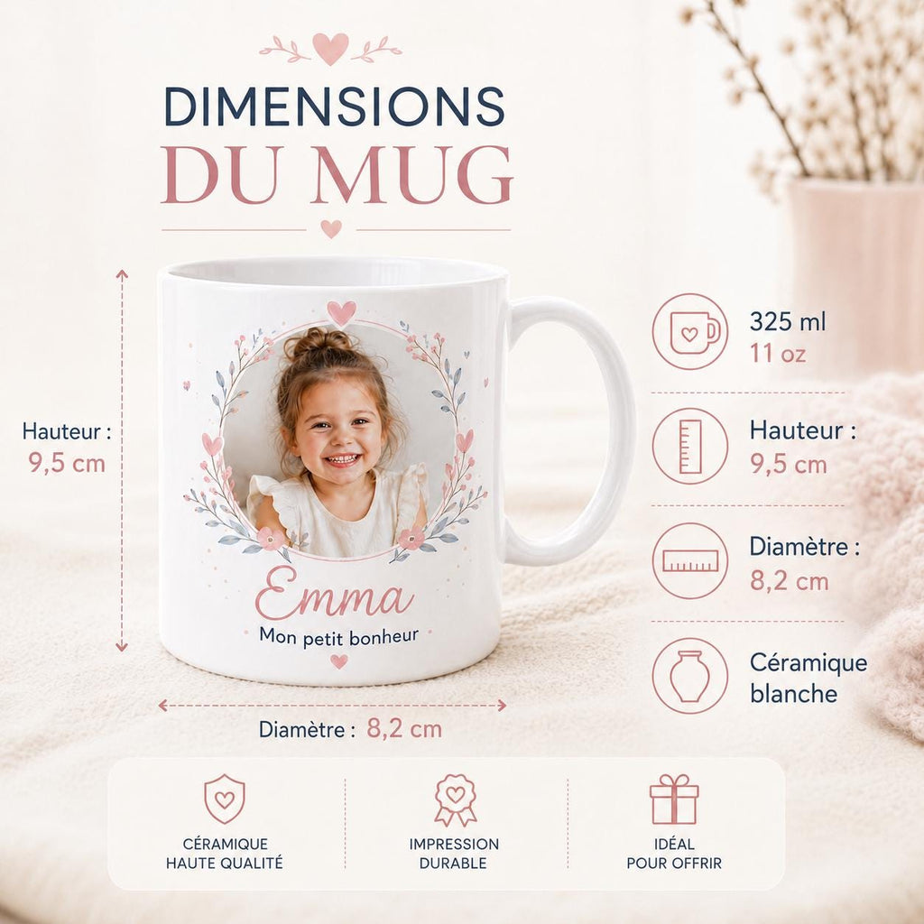Mug personnalisé photo enfant, prénom et texte – Tasse cadeau famille, maman, papa, mamie ou papi