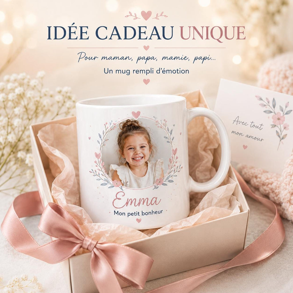 Mug personnalisé photo enfant, prénom et texte – Tasse cadeau famille, maman, papa, mamie ou papi