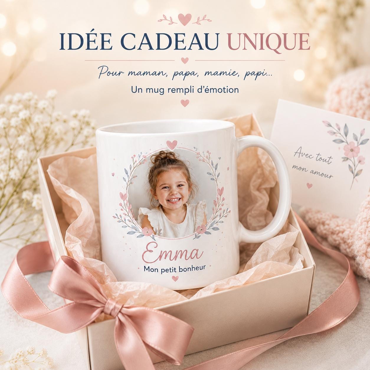 Mug personnalisé photo enfant, prénom et texte – Tasse cadeau famille, maman, papa, mamie ou papi