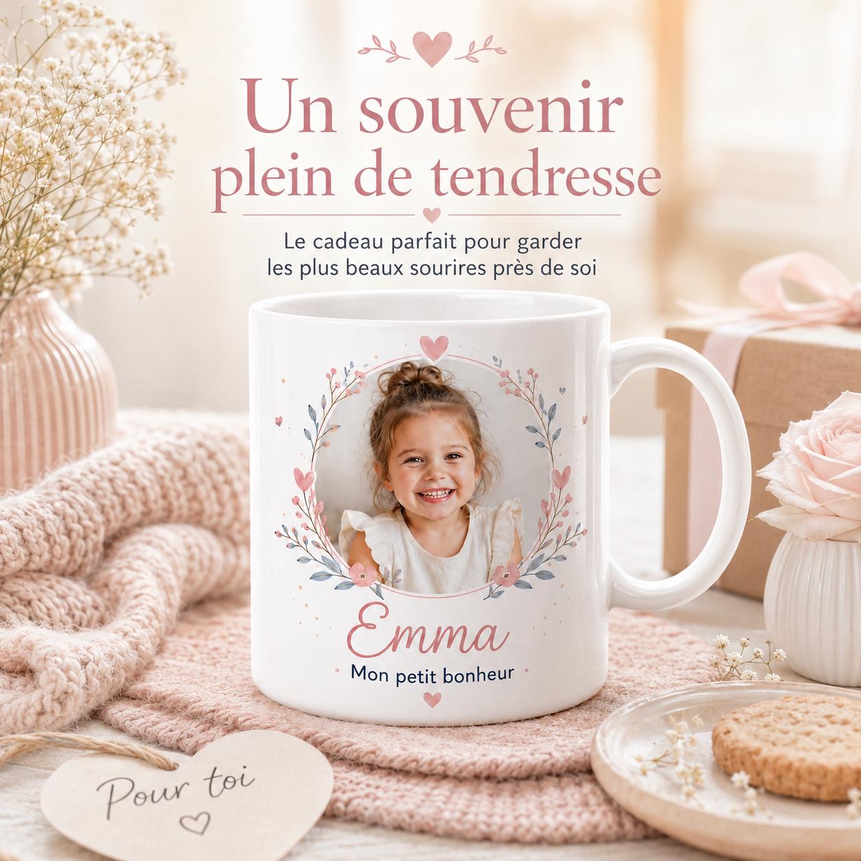 Mug personnalisé photo enfant, prénom et texte – Tasse cadeau famille, maman, papa, mamie ou papi