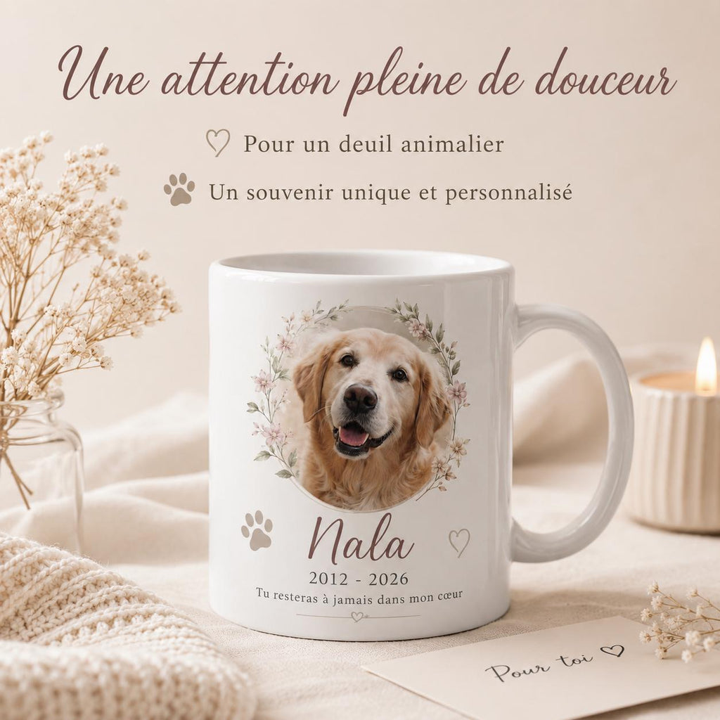 Mug souvenir animal personnalisé avec photo, hommage chien ou chat décédé, tasse mémorial prénom et dates