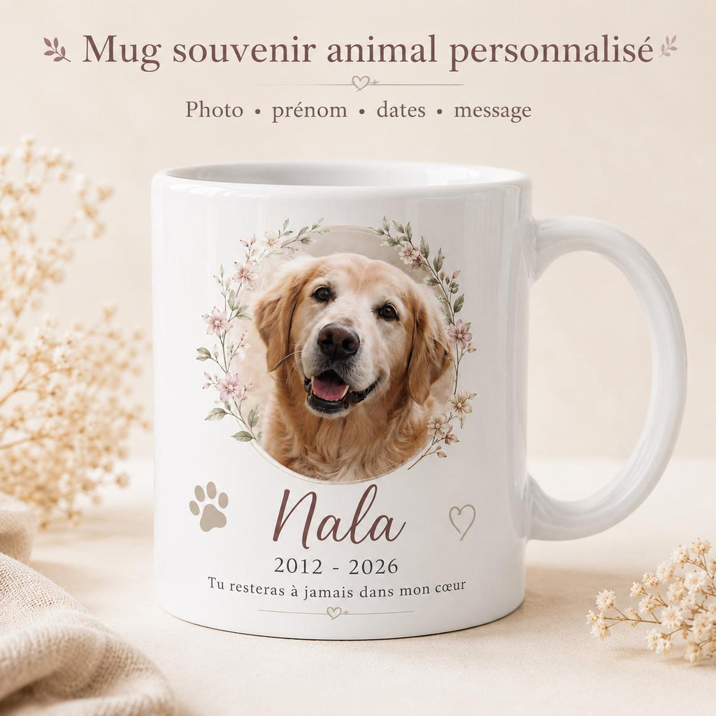 Mug souvenir animal personnalisé avec photo, hommage chien ou chat décédé, tasse mémorial prénom et dates