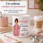 Mug infirmière personnalisé avec avatar et prénom – Cadeau soignante, collègue ou diplômée