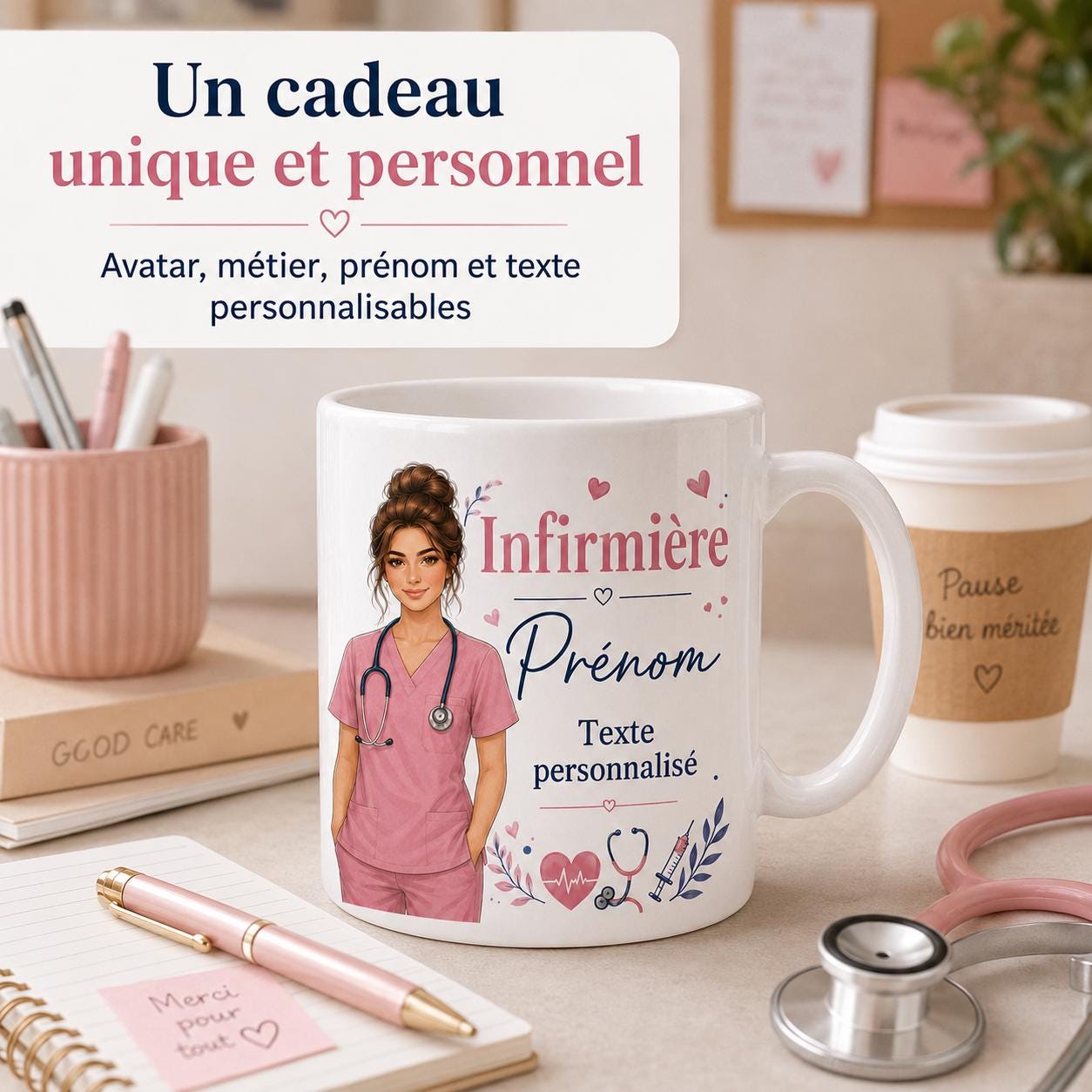 Mug infirmière personnalisé avec avatar et prénom – Cadeau soignante, collègue ou diplômée
