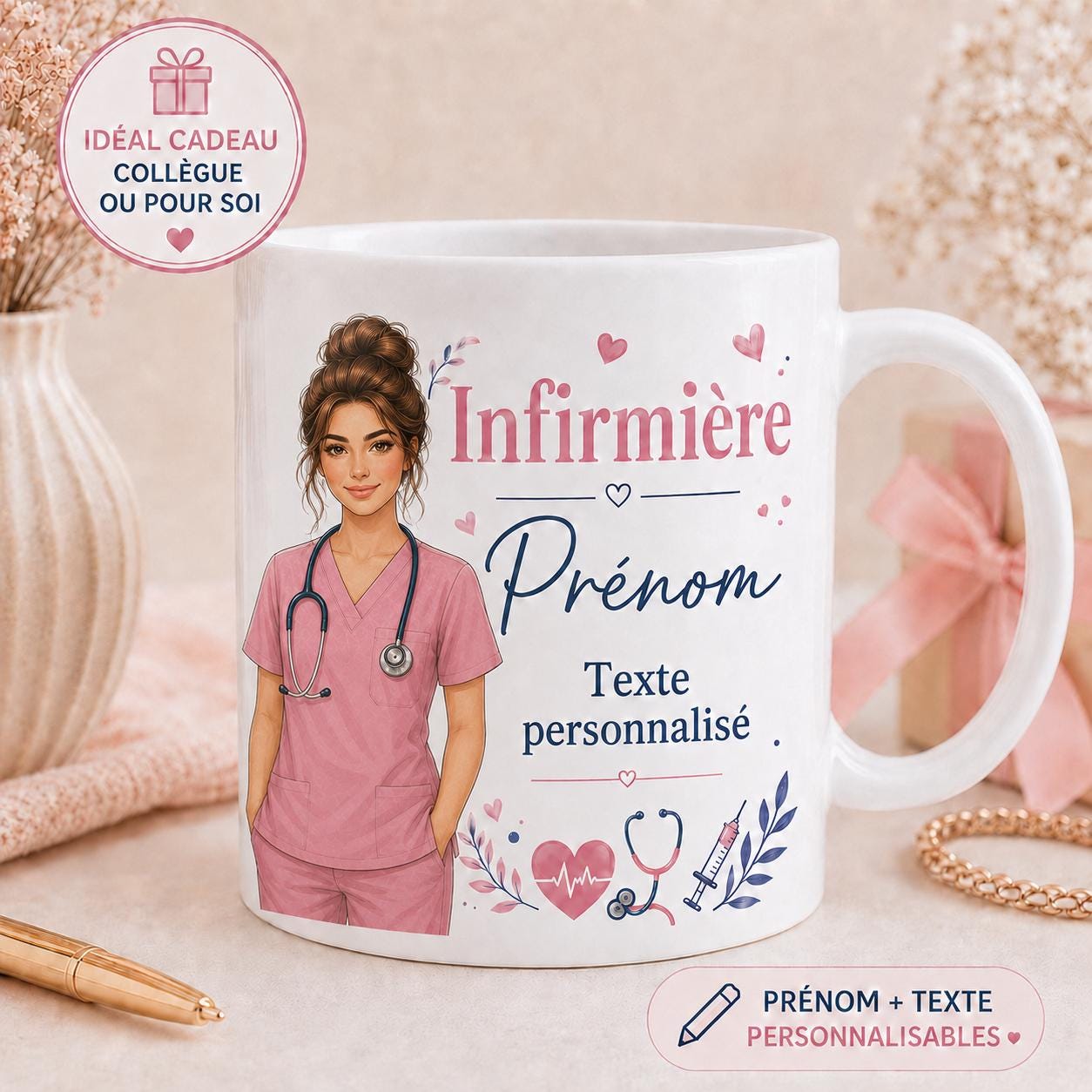 Mug infirmière personnalisé avec avatar et prénom – Cadeau soignante, collègue ou diplômée