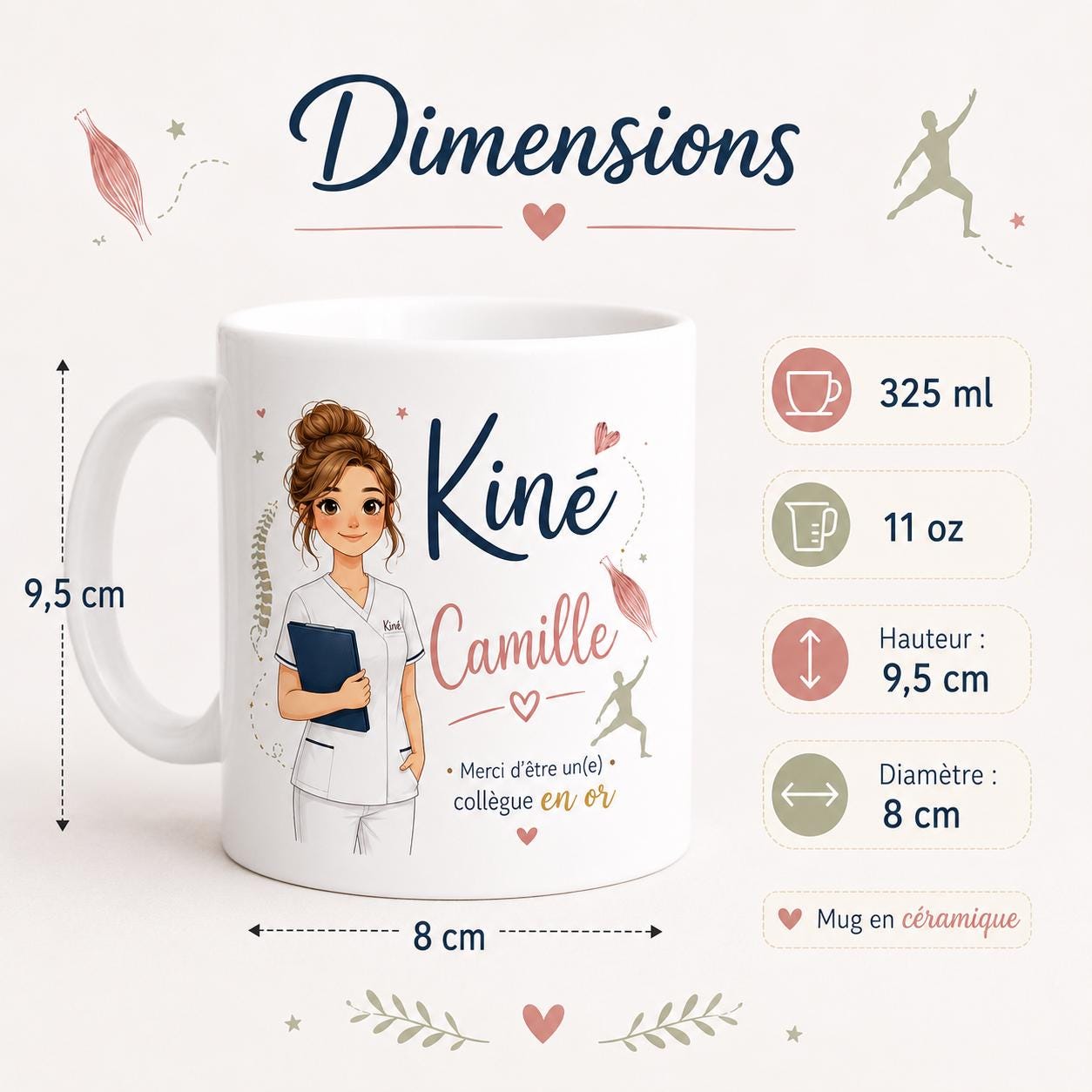Mug kiné personnalisé avec avatar et prénom – Cadeau kinésithérapeute, collègue ou diplômé