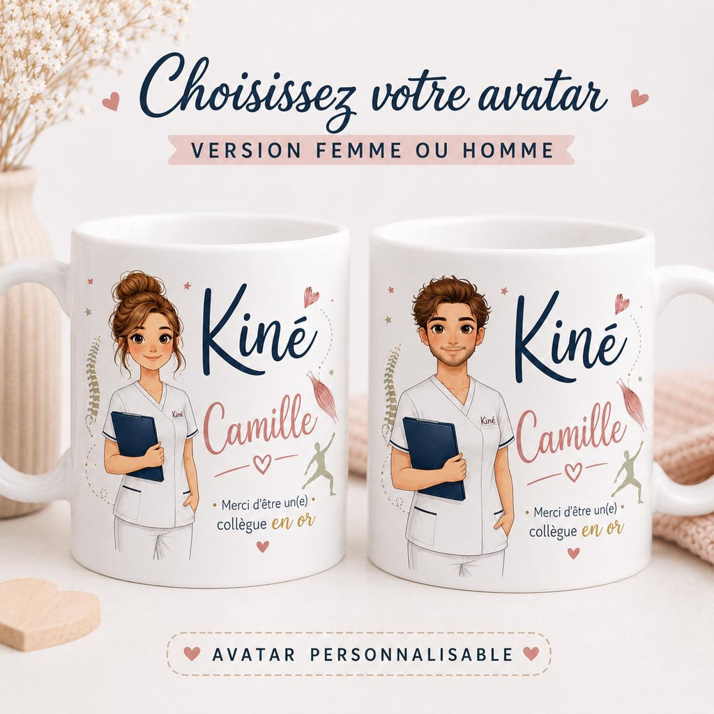 Mug kiné personnalisé avec avatar et prénom – Cadeau kinésithérapeute, collègue ou diplômé