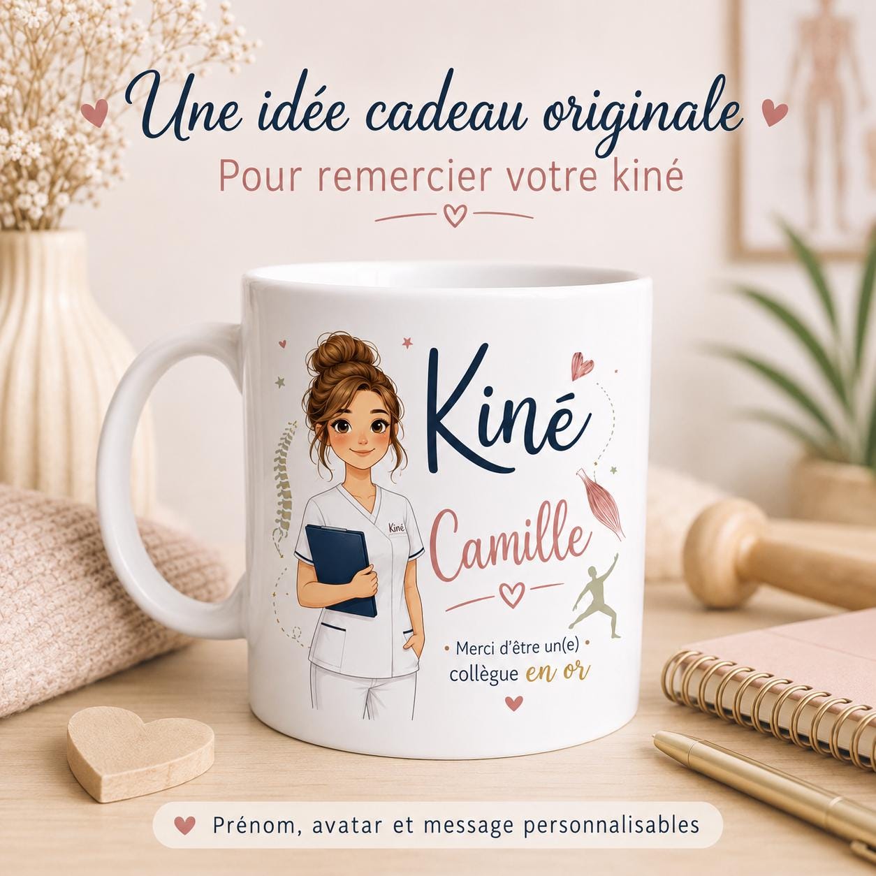 Mug kiné personnalisé avec avatar et prénom – Cadeau kinésithérapeute, collègue ou diplômé