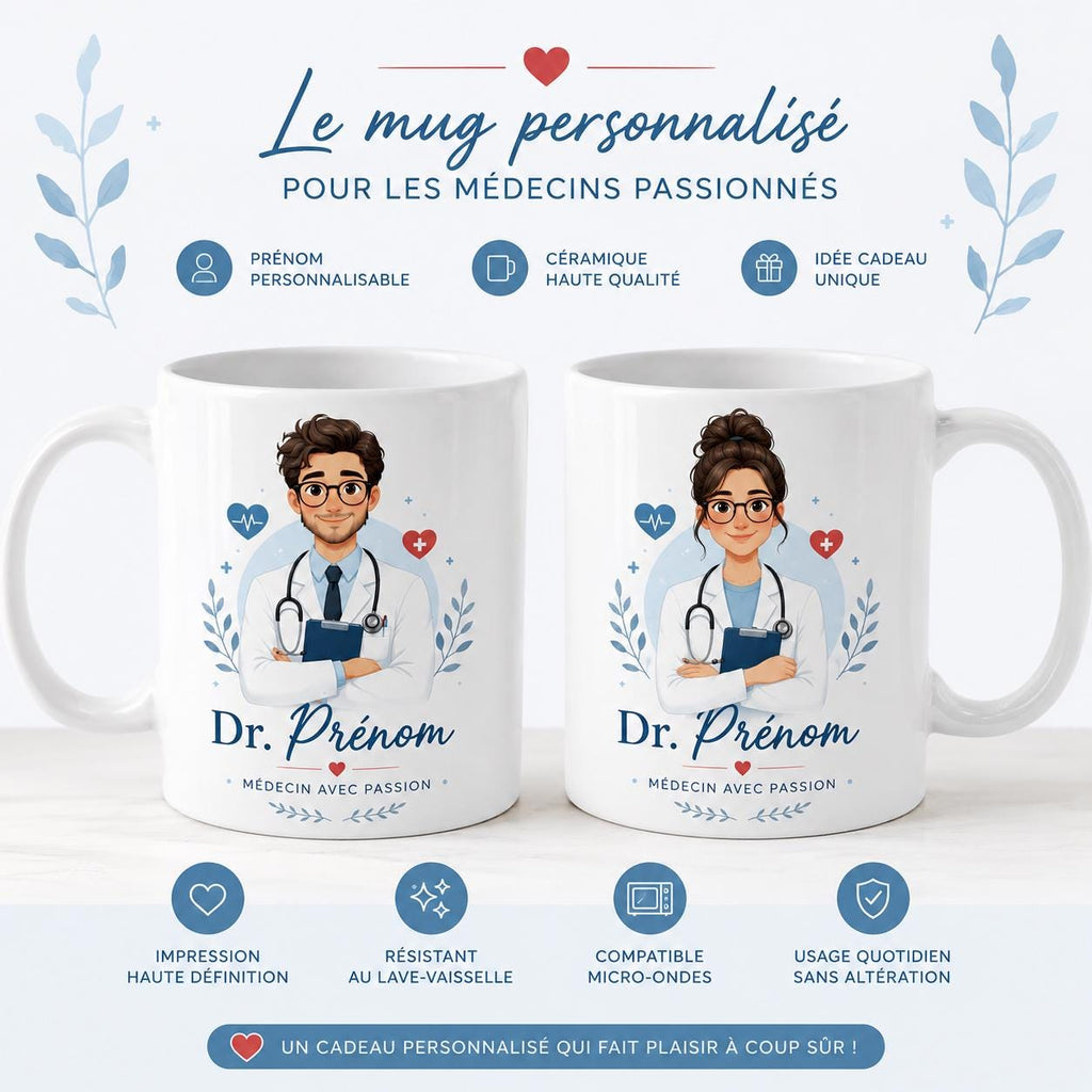 Mug médecin personnalisé avec avatar et prénom – Cadeau docteur, collègue ou diplômé