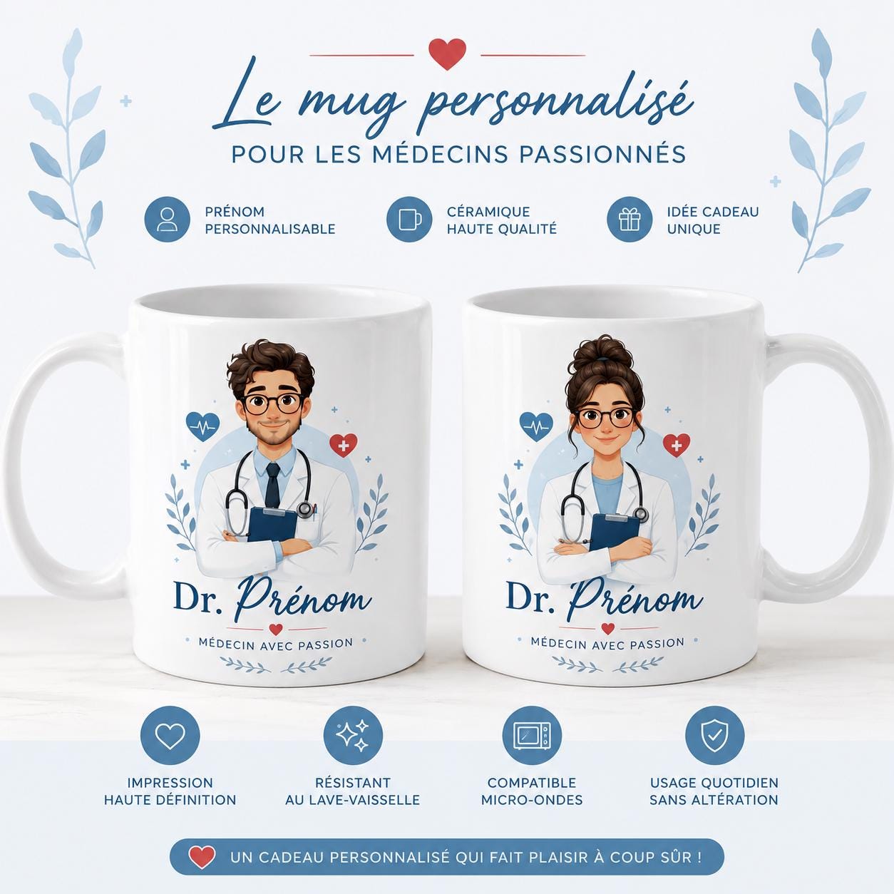 Mug médecin personnalisé avec avatar et prénom – Cadeau docteur, collègue ou diplômé