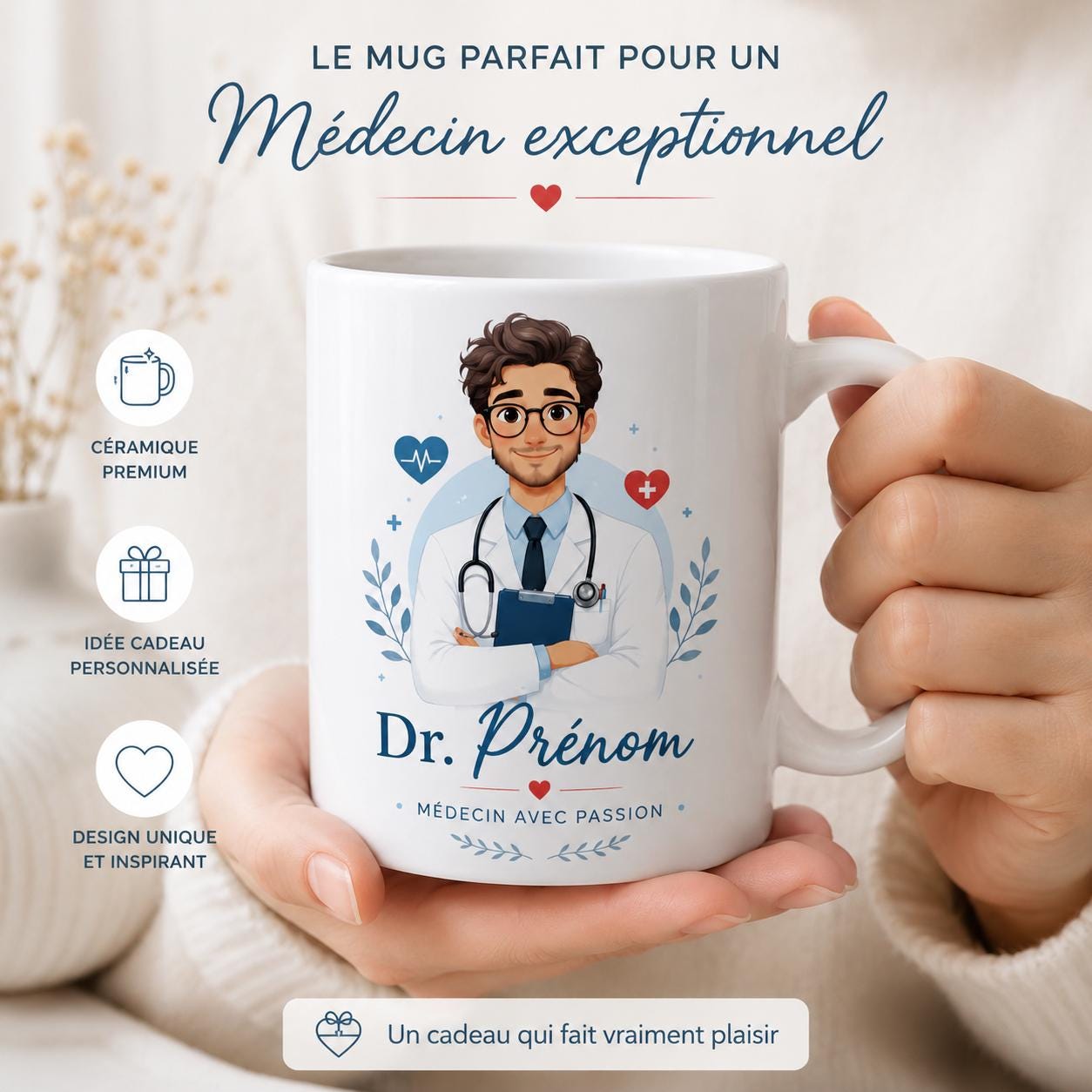 Mug médecin personnalisé avec avatar et prénom – Cadeau docteur, collègue ou diplômé