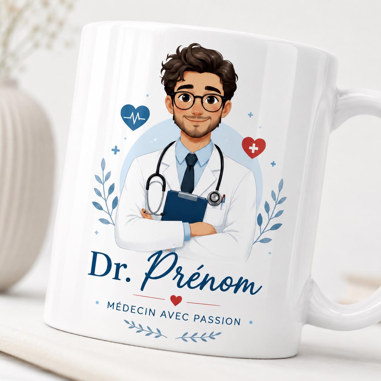 Mug médecin personnalisé avec avatar et prénom – Cadeau docteur, collègue ou diplômé