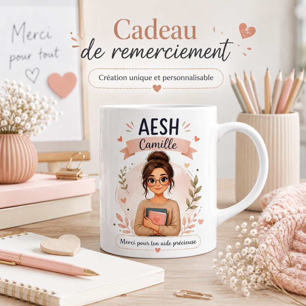 Mug AESH personnalisé avec avatar et prénom – Cadeau accompagnant scolaire