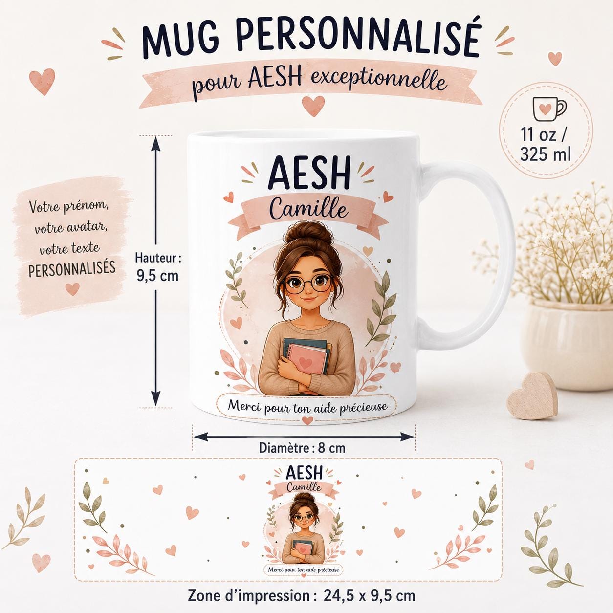 Mug AESH personnalisé avec avatar et prénom – Cadeau accompagnant scolaire
