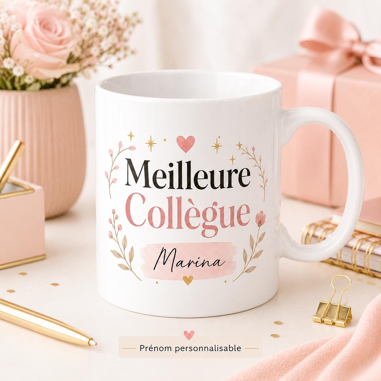 Mug meilleure collègue personnalisé avec prénom – Cadeau collègue en or, départ ou anniversaire