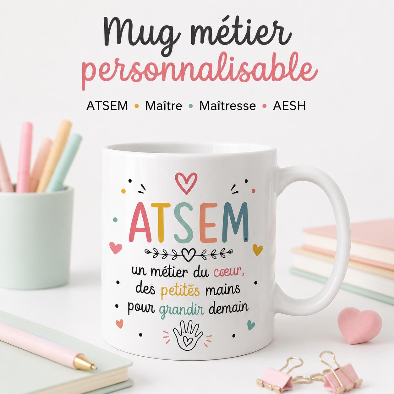Mug ATSEM personnalisé avec avatar et prénom – Cadeau fin d’année école maternelle