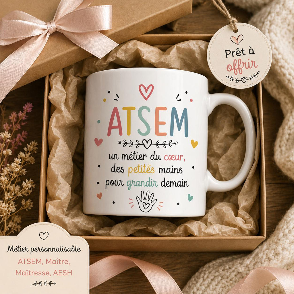 Mug ATSEM personnalisé avec avatar et prénom – Cadeau fin d’année école maternelle