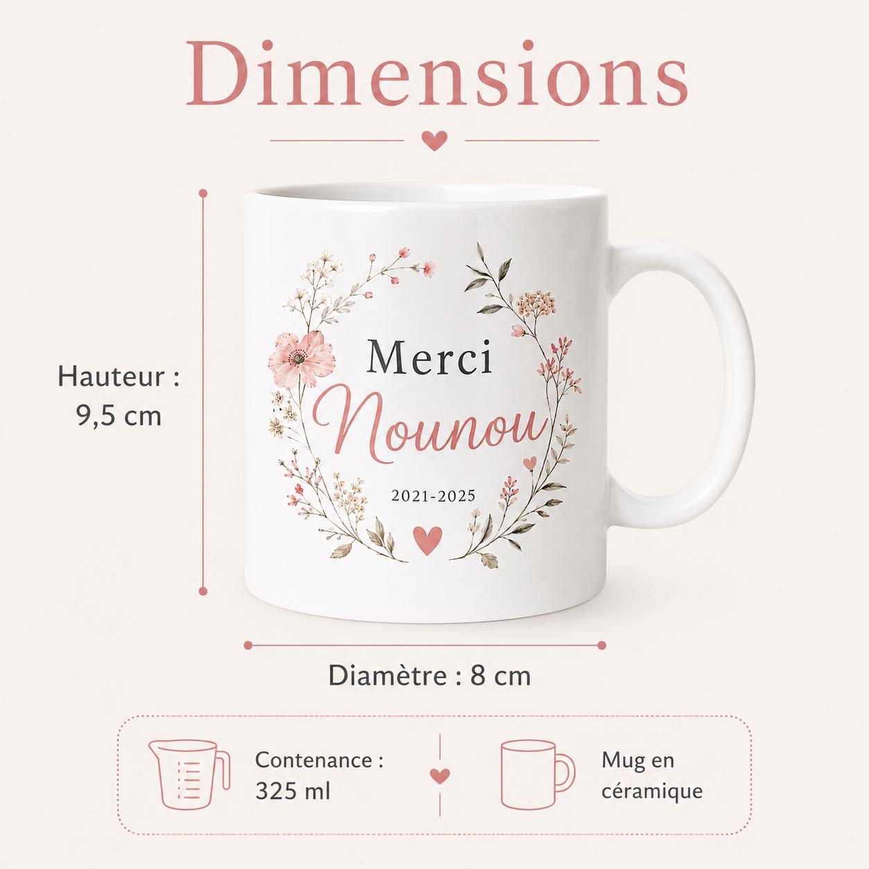 Mug nounou personnalisé avec dates de garde – Souvenir fin de contrat