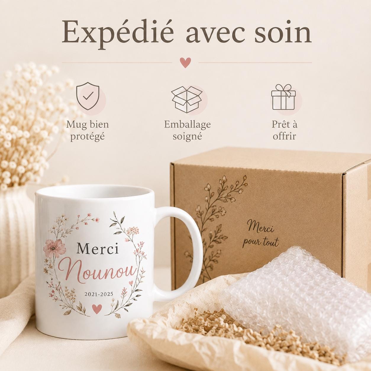 Mug nounou personnalisé avec dates de garde – Souvenir fin de contrat