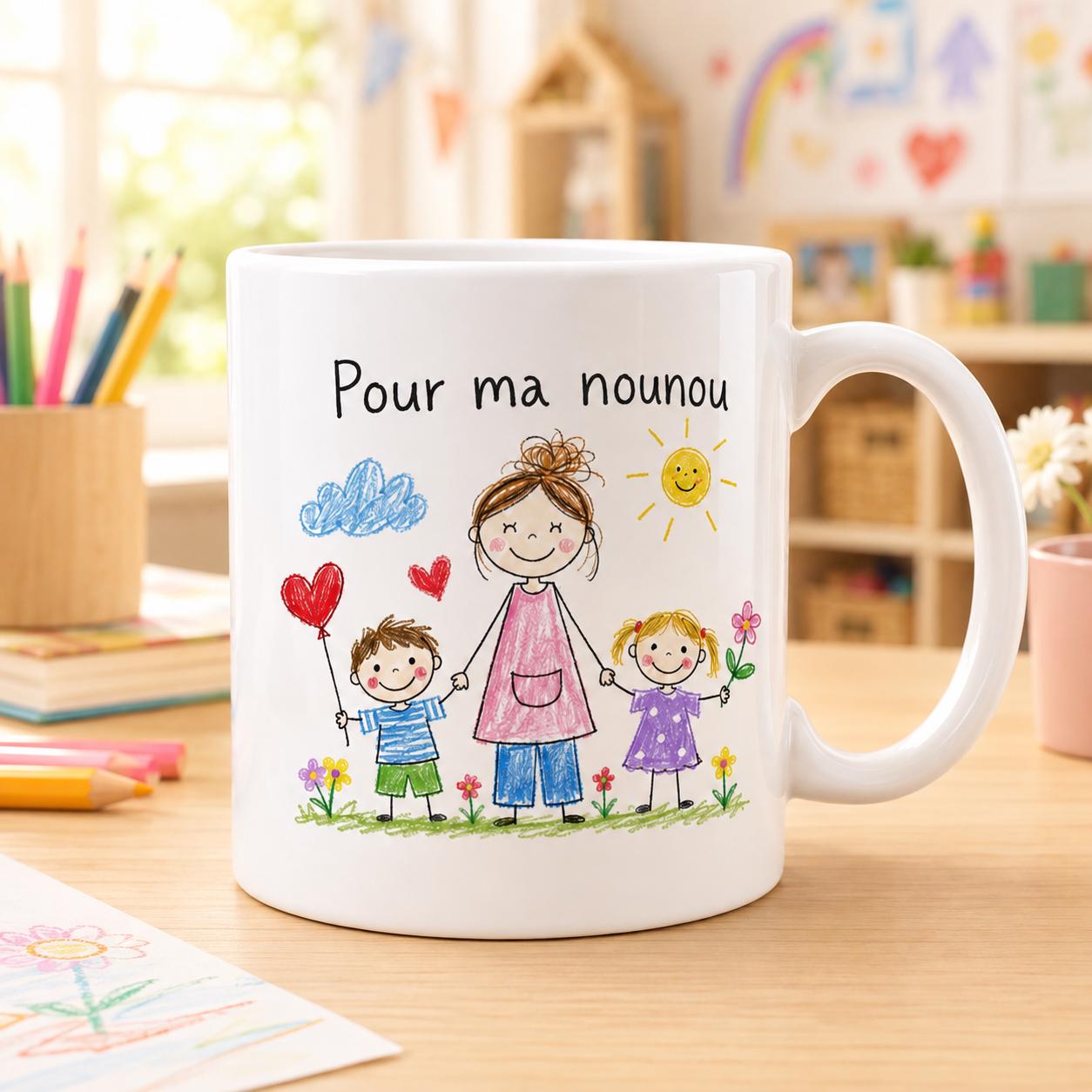 Mug nounou avec dessin d’enfant – Cadeau personnalisé unique