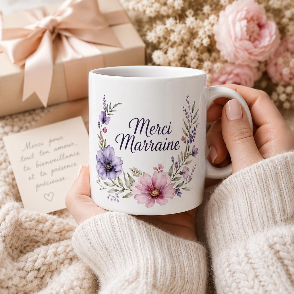 Mug merci marraine personnalisé – Cadeau avec prénom de l’enfant