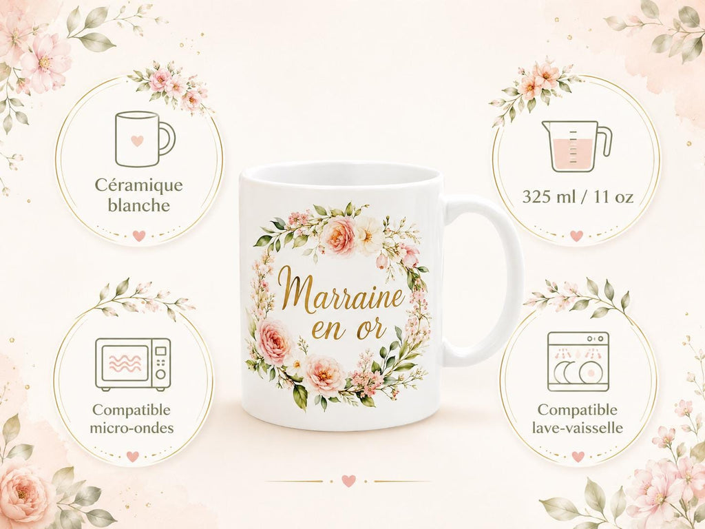 Mug marraine personnalisé avec prénom – Cadeau marraine fleuri