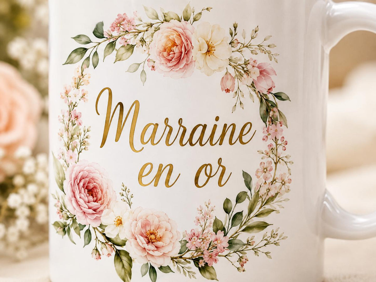 Mug marraine personnalisé avec prénom – Cadeau marraine fleuri