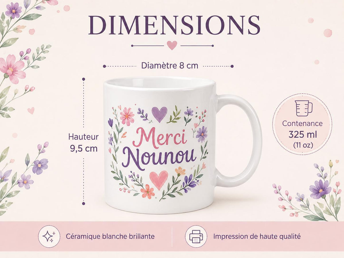 Mug merci nounou personnalisé – Cadeau fin de contrat avec prénom