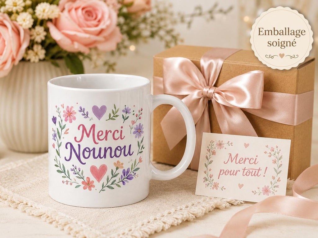 Mug merci nounou personnalisé – Cadeau fin de contrat avec prénom