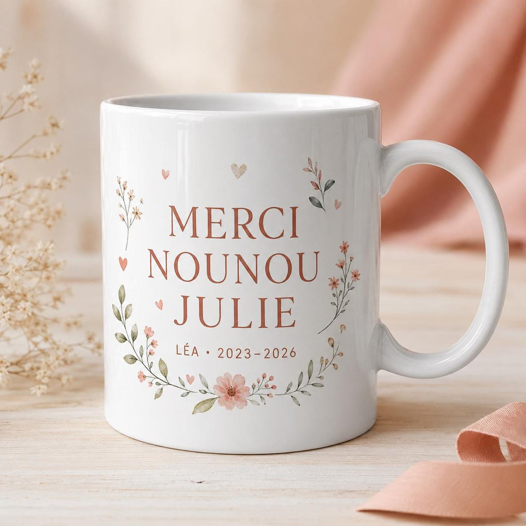Mug nounou personnalisé fin de contrat, cadeau merci nounou, tasse prénom enfant, souvenir assistante maternelle