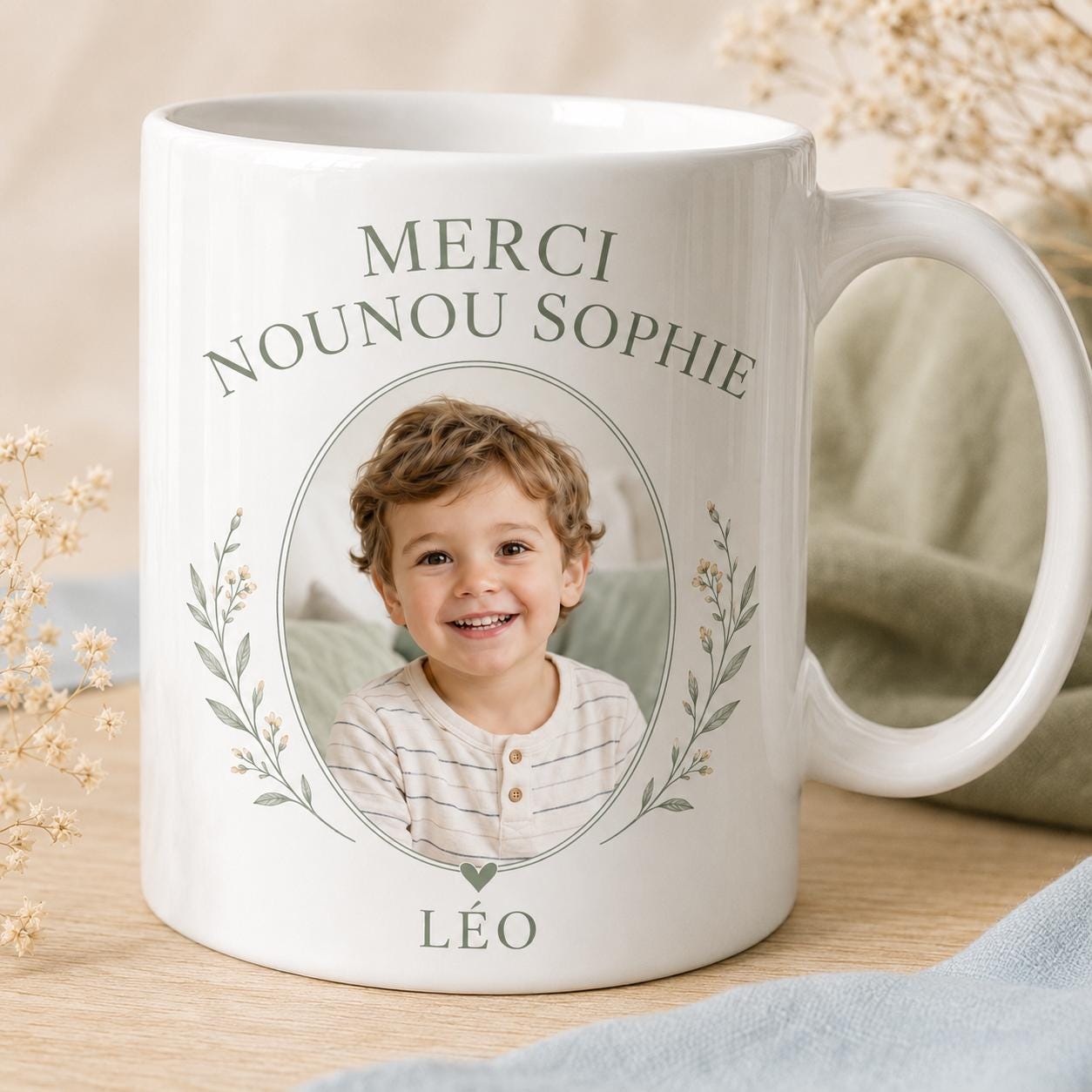 Mug nounou personnalisé avec photo enfant, tasse merci nounou, cadeau assistante maternelle avec prénom et message