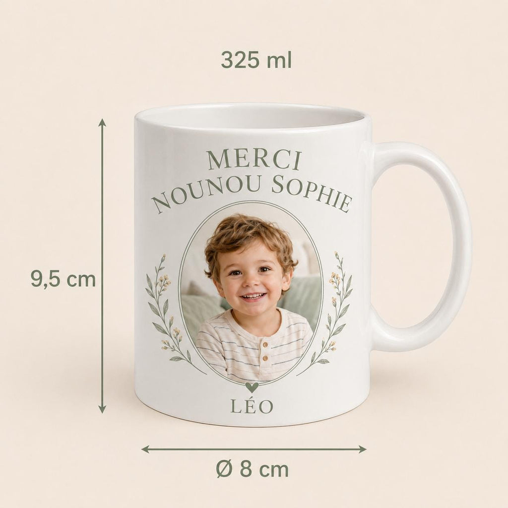 Mug nounou personnalisé avec photo enfant, tasse merci nounou, cadeau assistante maternelle avec prénom et message
