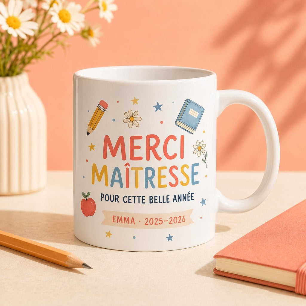Mug merci maîtresse personnalisé fin d’année scolaire, cadeau institutrice, tasse prénom enfant pour enseignante