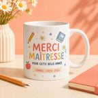 Mug merci maîtresse personnalisé fin d’année scolaire, cadeau institutrice, tasse prénom enfant pour enseignante