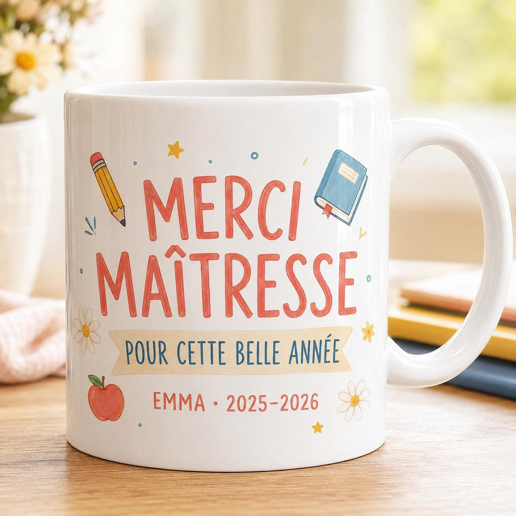 Mug merci maîtresse personnalisé fin d’année scolaire, cadeau institutrice, tasse prénom enfant pour enseignante
