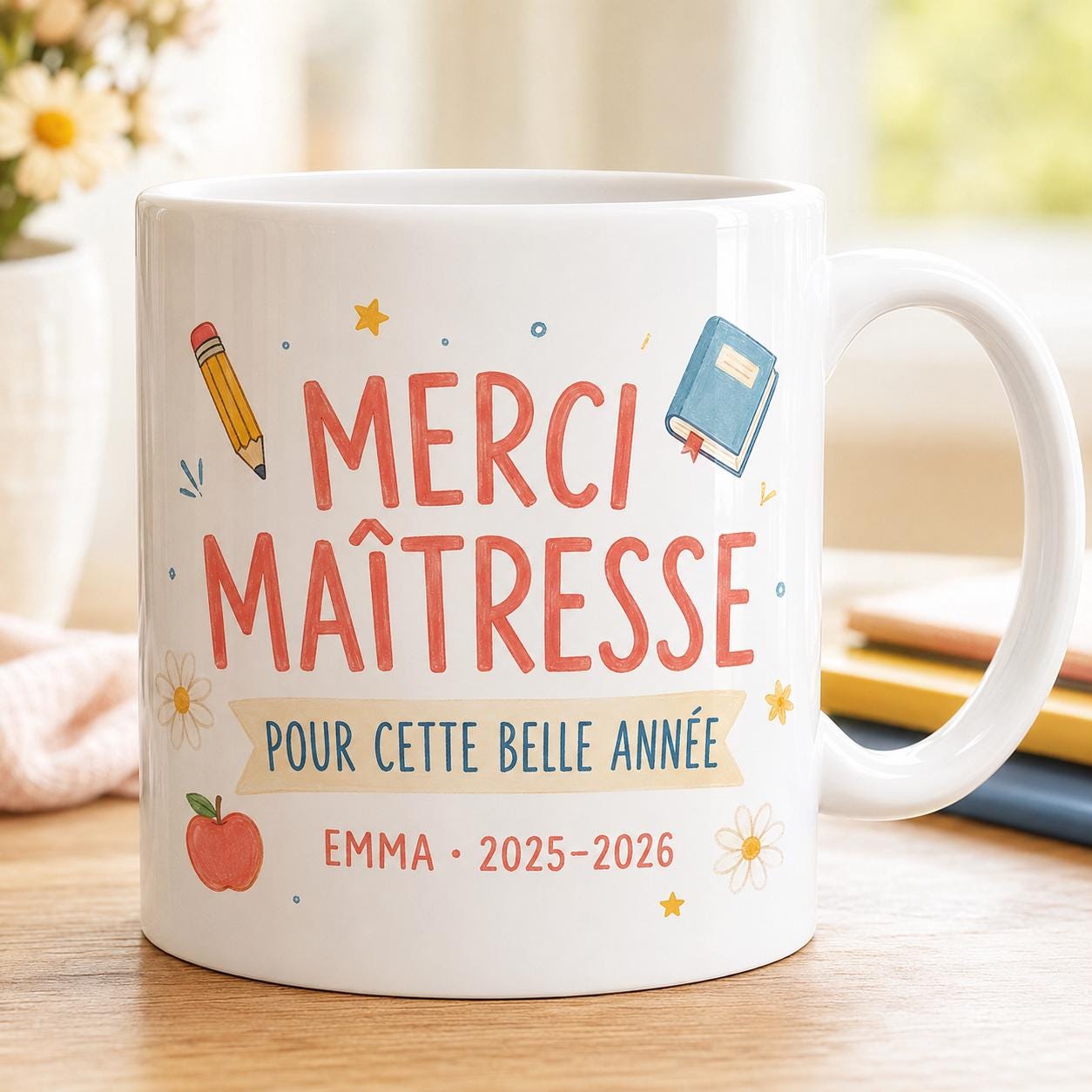 Mug merci maîtresse personnalisé fin d’année scolaire, cadeau institutrice, tasse prénom enfant pour enseignante