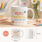 Mug merci maîtresse personnalisé fin d’année scolaire, cadeau institutrice, tasse prénom enfant pour enseignante