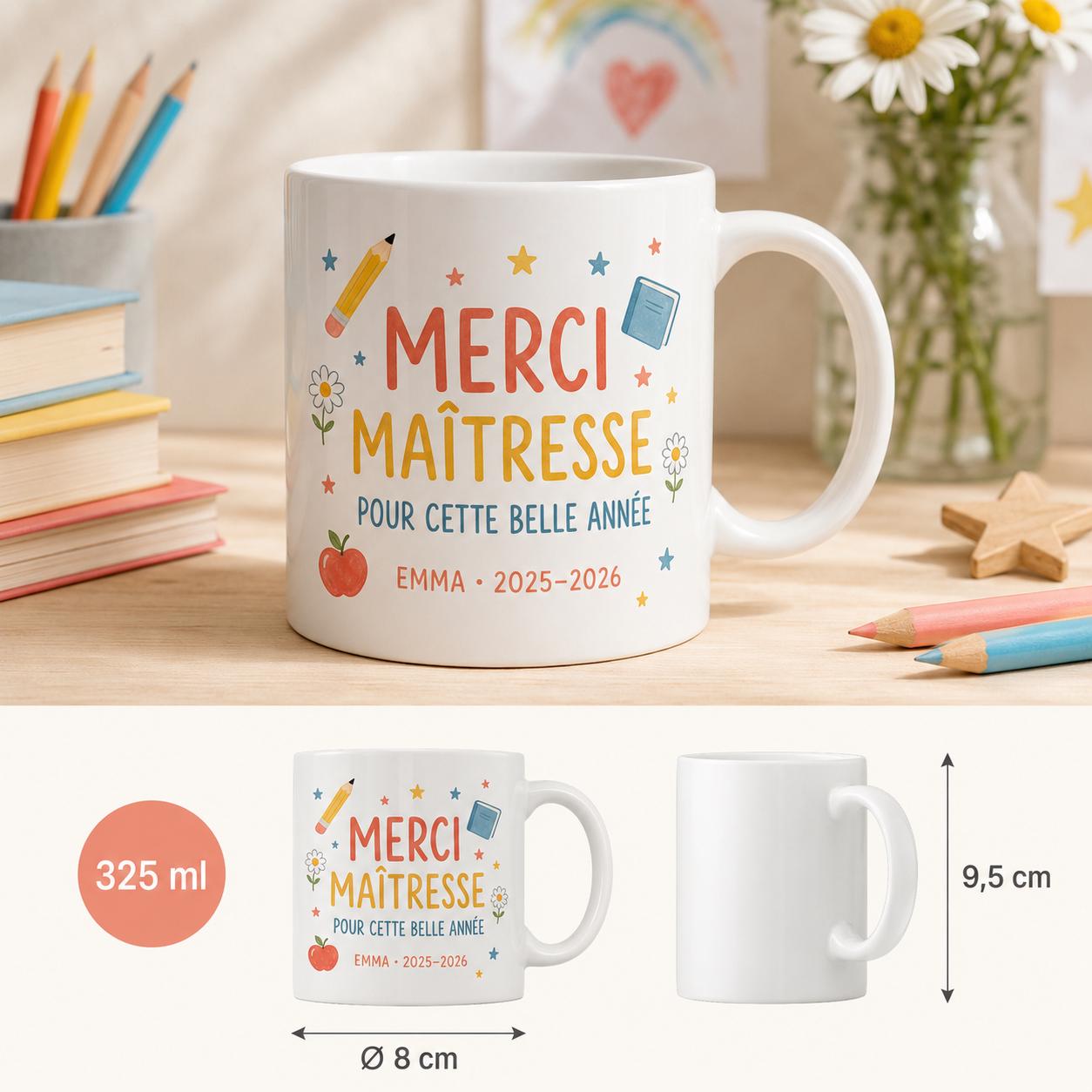 Mug merci maîtresse personnalisé fin d’année scolaire, cadeau institutrice, tasse prénom enfant pour enseignante
