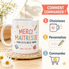 Mug merci maîtresse personnalisé fin d’année scolaire, cadeau institutrice, tasse prénom enfant pour enseignante