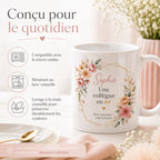 Options de personnalisation du mug collègue avec prénom, message, couleur et signatures.