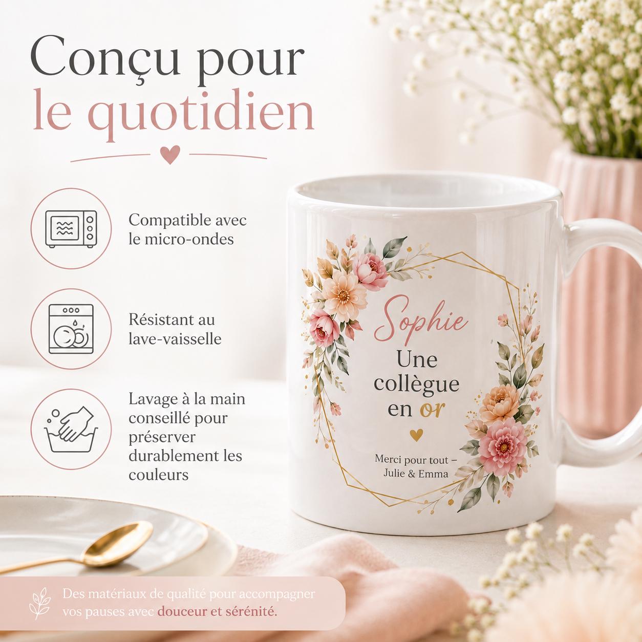Options de personnalisation du mug collègue avec prénom, message, couleur et signatures.