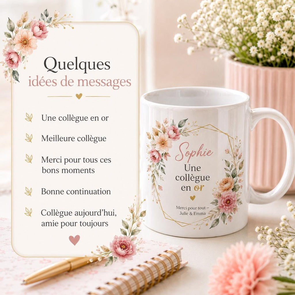 Mug collègue femme personnalisé avec prénom et message – tasse fleurie en céramique 325 ml